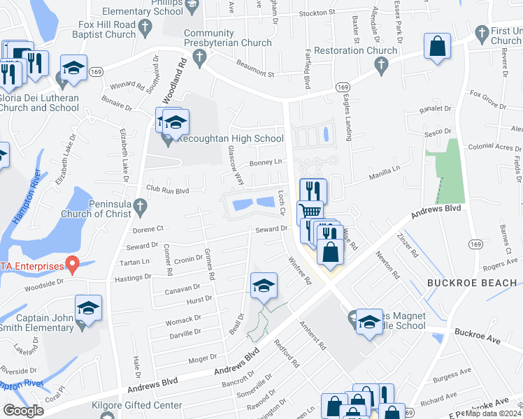 map of restaurants, bars, coffee shops, grocery stores, and more near 128 Loch Circle in Hampton