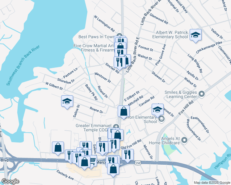 map of restaurants, bars, coffee shops, grocery stores, and more near 54 West Little Back River Road in Hampton