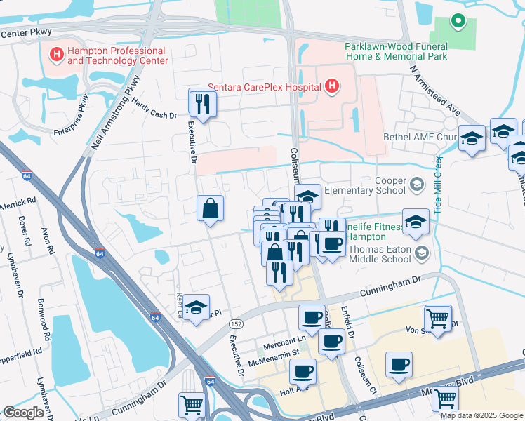 map of restaurants, bars, coffee shops, grocery stores, and more near 260 Marcella Road in Hampton