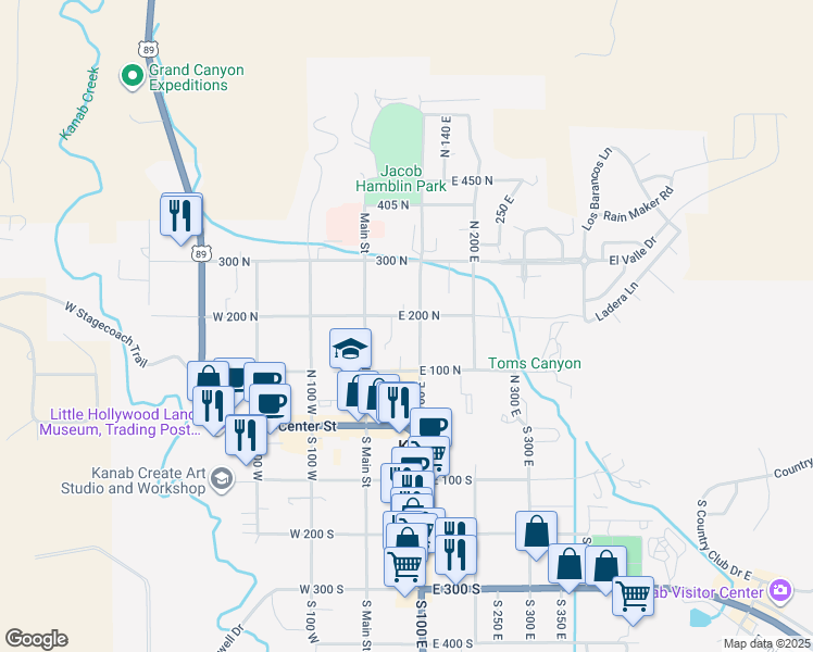 map of restaurants, bars, coffee shops, grocery stores, and more near 76 East 200 North in Kanab