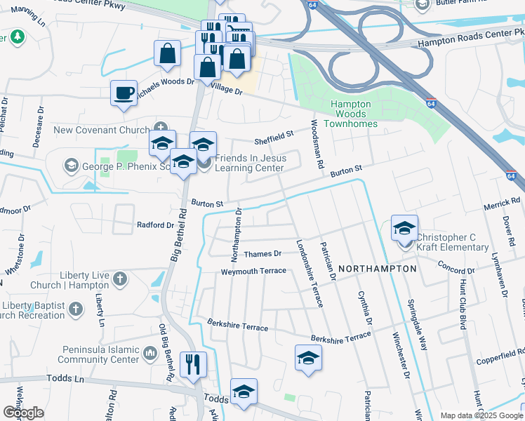 map of restaurants, bars, coffee shops, grocery stores, and more near 307 Bond Street in Hampton