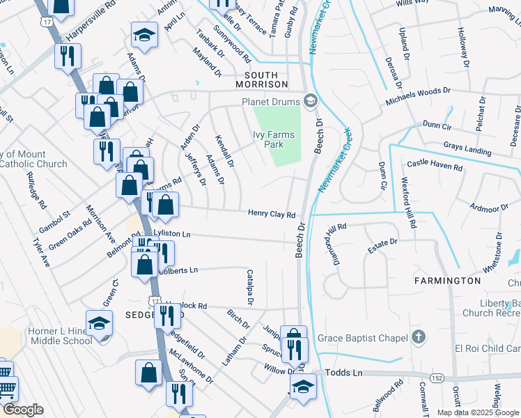 map of restaurants, bars, coffee shops, grocery stores, and more near 151 Henry Clay Road in Newport News