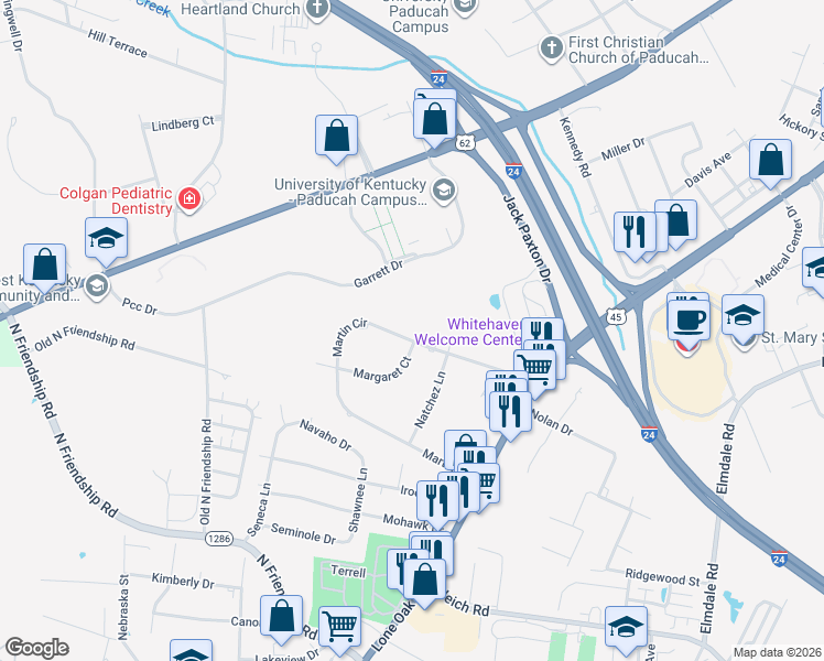 map of restaurants, bars, coffee shops, grocery stores, and more near 36 Martin Circle in Paducah