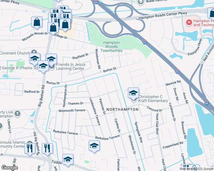 map of restaurants, bars, coffee shops, grocery stores, and more near 408 Cynthia Drive in Hampton