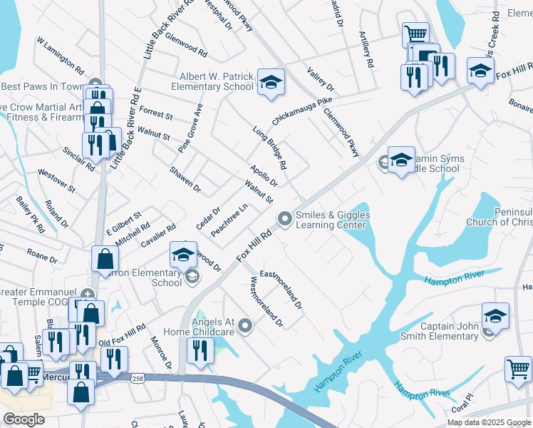 map of restaurants, bars, coffee shops, grocery stores, and more near 433 Walnut Street in Hampton