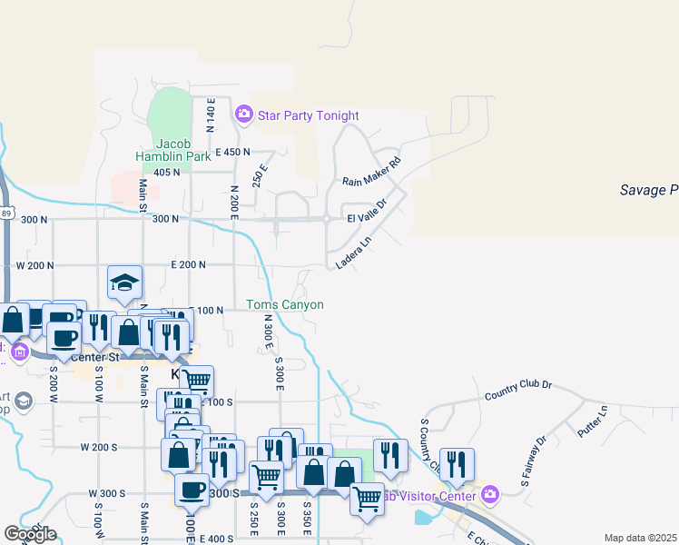 map of restaurants, bars, coffee shops, grocery stores, and more near 444 Ladera Lane in Kanab