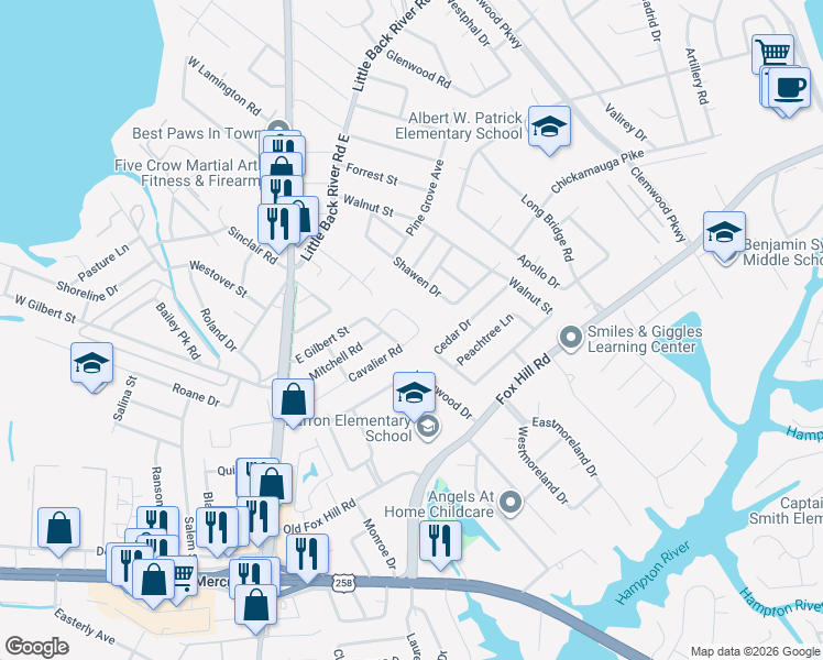 map of restaurants, bars, coffee shops, grocery stores, and more near 65 Cavalier Road in Hampton