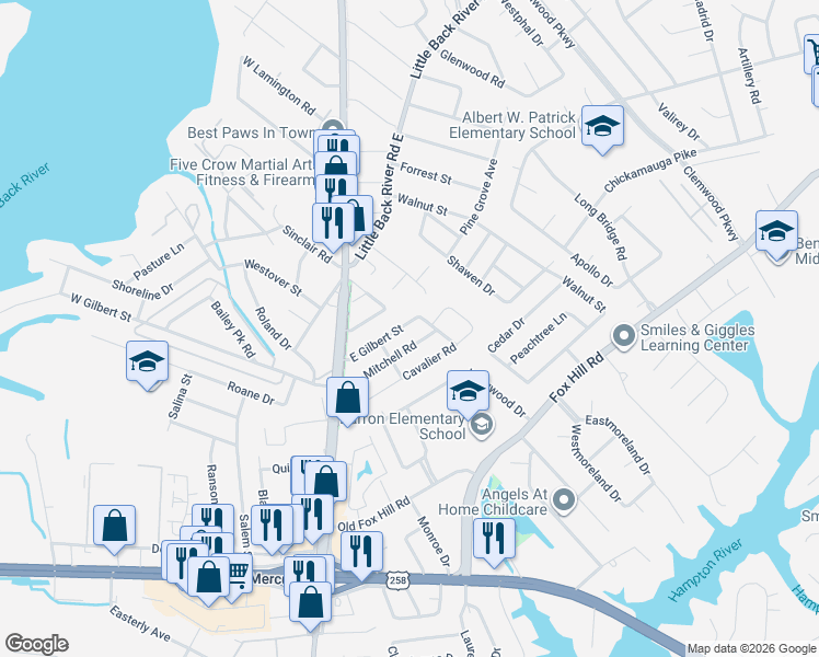 map of restaurants, bars, coffee shops, grocery stores, and more near 86 Cavalier Road in Hampton