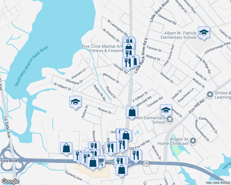 map of restaurants, bars, coffee shops, grocery stores, and more near 116 Roland Drive in Hampton