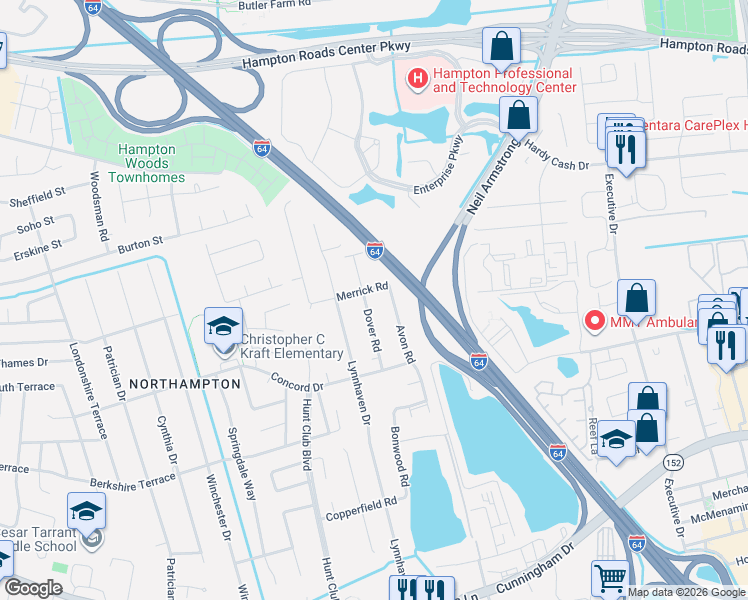 map of restaurants, bars, coffee shops, grocery stores, and more near 225 Avon Road in Hampton