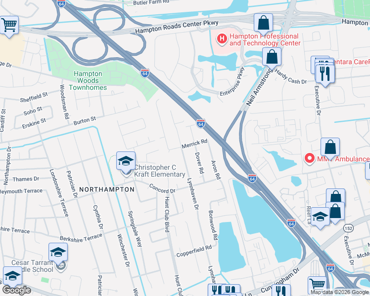 map of restaurants, bars, coffee shops, grocery stores, and more near 300 Lynnhaven Drive in Hampton