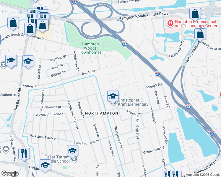 map of restaurants, bars, coffee shops, grocery stores, and more near 523 Dafia Drive in Hampton