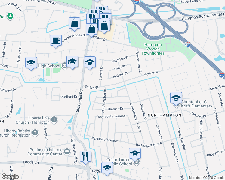 map of restaurants, bars, coffee shops, grocery stores, and more near 819 Burton Street in Hampton