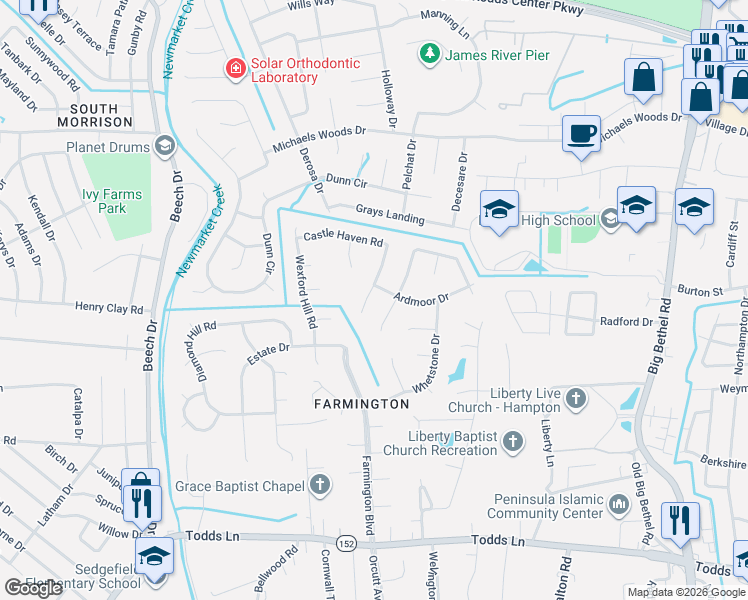map of restaurants, bars, coffee shops, grocery stores, and more near 39 Castle Haven Road in Hampton