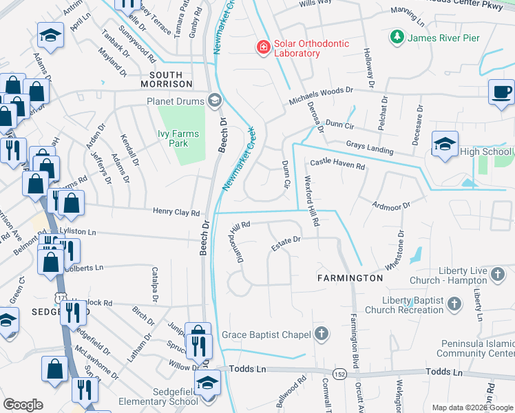 map of restaurants, bars, coffee shops, grocery stores, and more near 241 Dunn Circle in Hampton