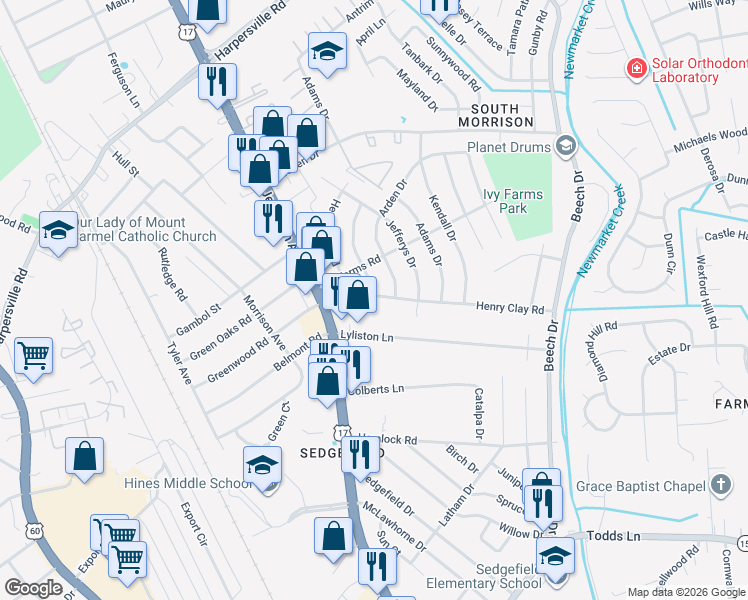 map of restaurants, bars, coffee shops, grocery stores, and more near 117 Henry Clay Road in Newport News