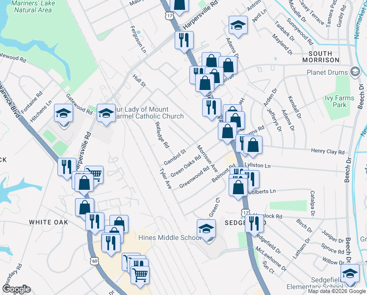 map of restaurants, bars, coffee shops, grocery stores, and more near 103 Pescara Lane in Newport News