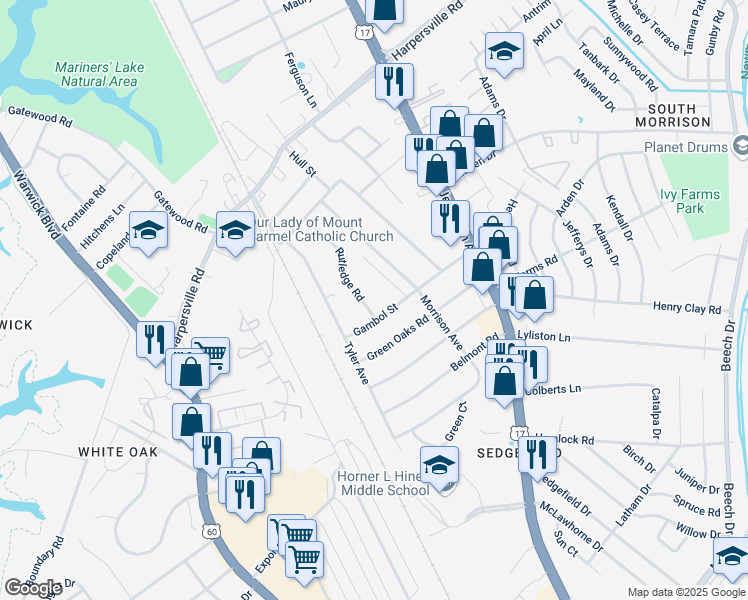 map of restaurants, bars, coffee shops, grocery stores, and more near 103 Pescara Lane in Newport News