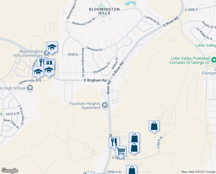 map of restaurants, bars, coffee shops, grocery stores, and more near 3272 South River Road in St. George