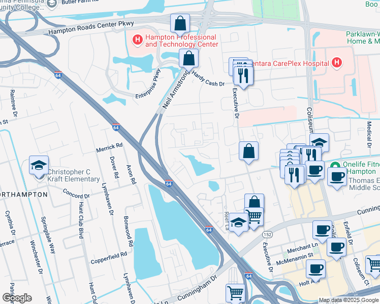 map of restaurants, bars, coffee shops, grocery stores, and more near 601 Marcella Road in Hampton