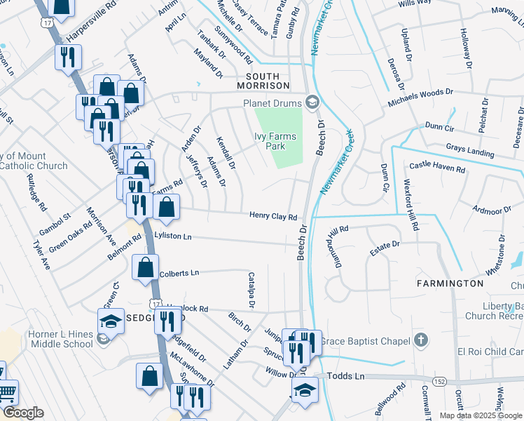 map of restaurants, bars, coffee shops, grocery stores, and more near 151 Henry Clay Road in Newport News