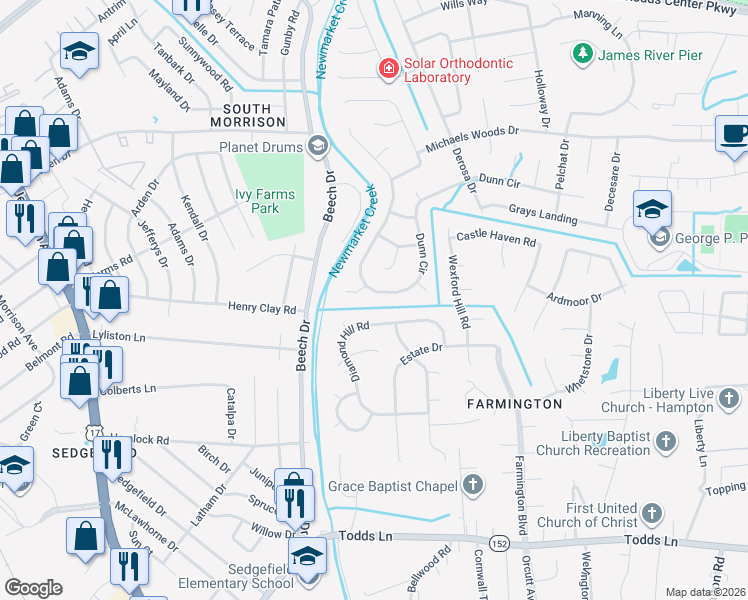 map of restaurants, bars, coffee shops, grocery stores, and more near 241 Dunn Circle in Hampton