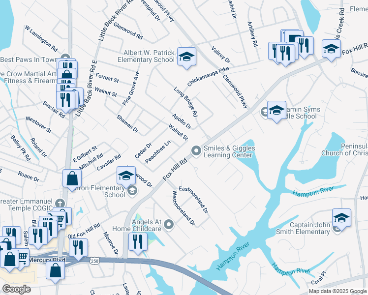 map of restaurants, bars, coffee shops, grocery stores, and more near 433 Walnut Street in Hampton