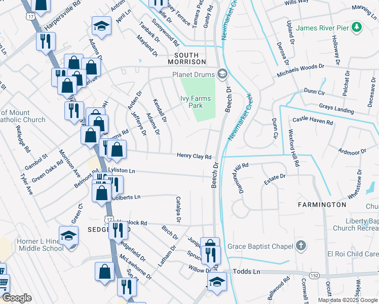 map of restaurants, bars, coffee shops, grocery stores, and more near 153 Henry Clay Road in Newport News
