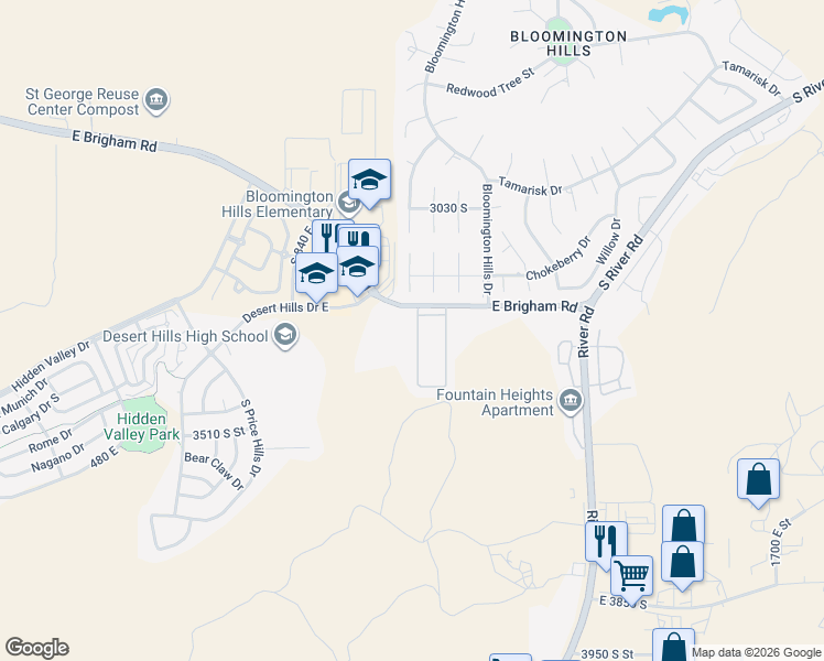 map of restaurants, bars, coffee shops, grocery stores, and more near 1050 East Brigham Road in St. George