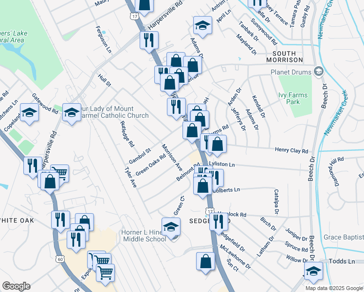 map of restaurants, bars, coffee shops, grocery stores, and more near 15 Green Oaks Road in Newport News