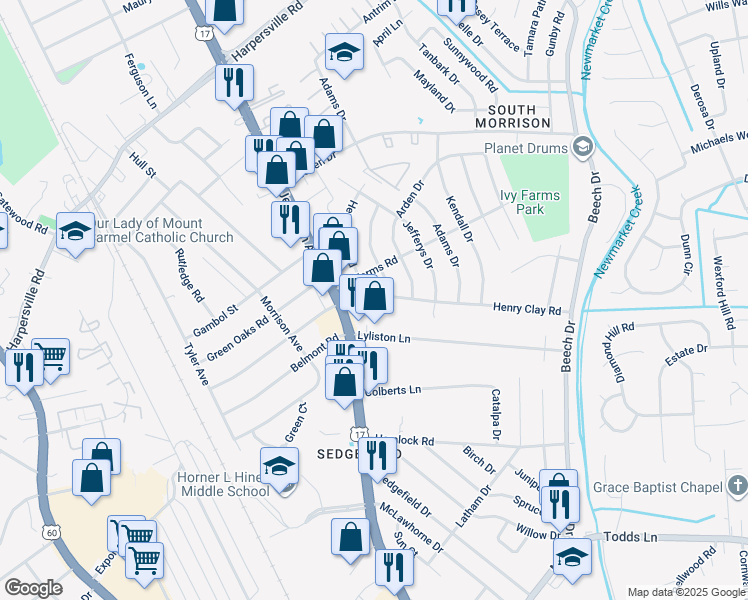 map of restaurants, bars, coffee shops, grocery stores, and more near 108 Henry Clay Road in Newport News