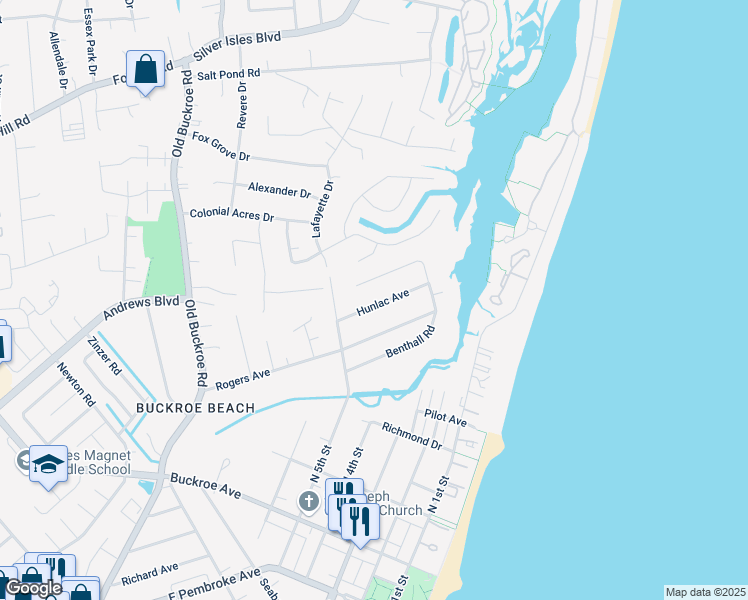 map of restaurants, bars, coffee shops, grocery stores, and more near 424 Hunlac Avenue in Hampton