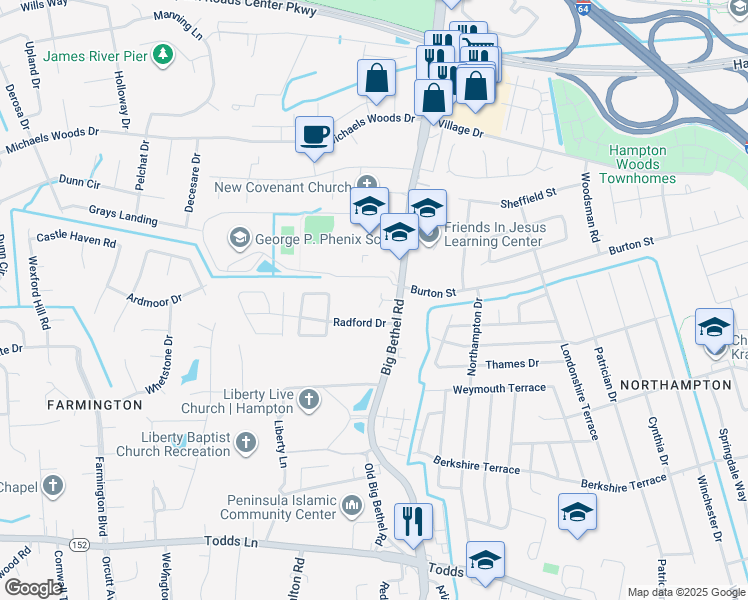 map of restaurants, bars, coffee shops, grocery stores, and more near 1049 Big Bethel Road in Hampton