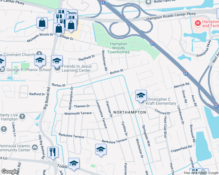 map of restaurants, bars, coffee shops, grocery stores, and more near 412 Patrician Drive in Hampton