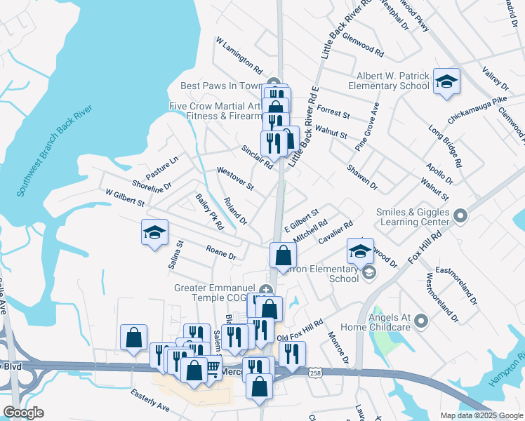 map of restaurants, bars, coffee shops, grocery stores, and more near 54 West Little Back River Road in Hampton