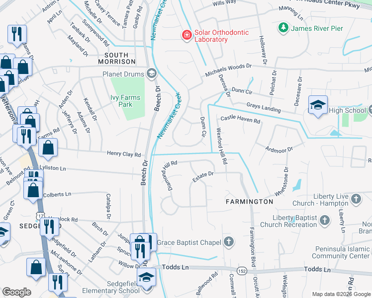 map of restaurants, bars, coffee shops, grocery stores, and more near 241 Dunn Circle in Hampton