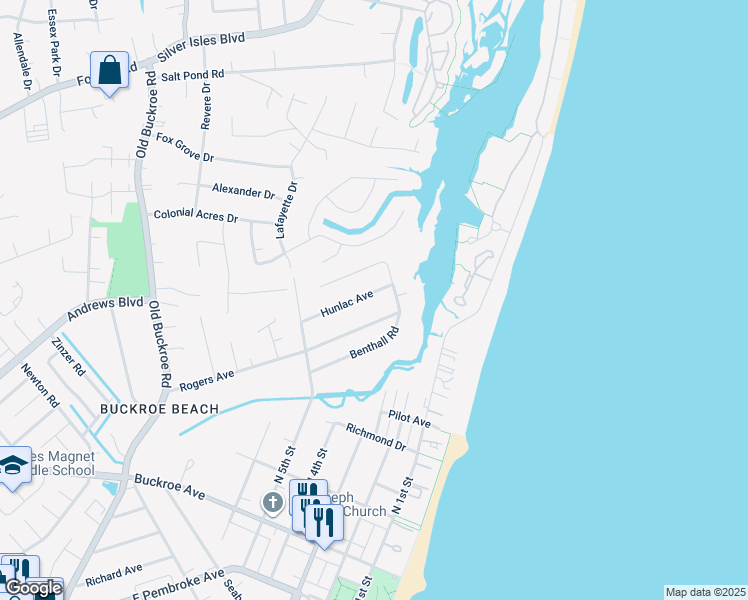 map of restaurants, bars, coffee shops, grocery stores, and more near 409 Hunlac Ave in Hampton