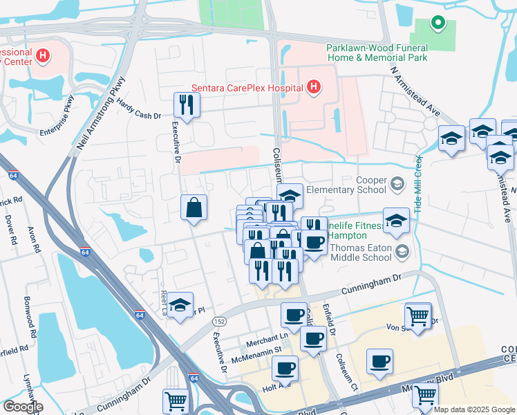 map of restaurants, bars, coffee shops, grocery stores, and more near 2 Wyndham Drive in Hampton