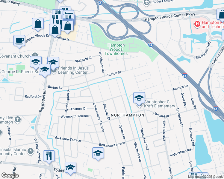 map of restaurants, bars, coffee shops, grocery stores, and more near 408 Cynthia Drive in Hampton