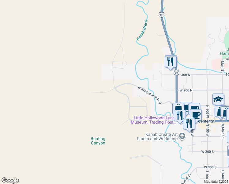 map of restaurants, bars, coffee shops, grocery stores, and more near 199 North Gunsmoke Pass in Kanab