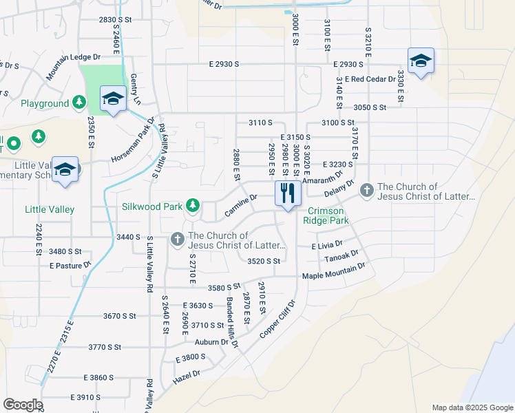 map of restaurants, bars, coffee shops, grocery stores, and more near 2911 East Crimson Ridge Drive in St. George