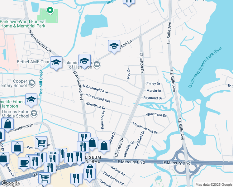 map of restaurants, bars, coffee shops, grocery stores, and more near 35 South Greenfield Avenue in Hampton