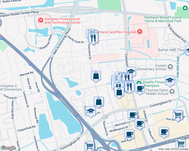 map of restaurants, bars, coffee shops, grocery stores, and more near 2214 Executive Drive in Hampton