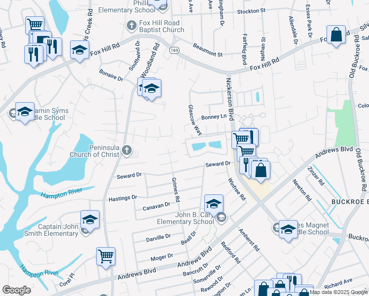 map of restaurants, bars, coffee shops, grocery stores, and more near 211 Loch Circle in Hampton