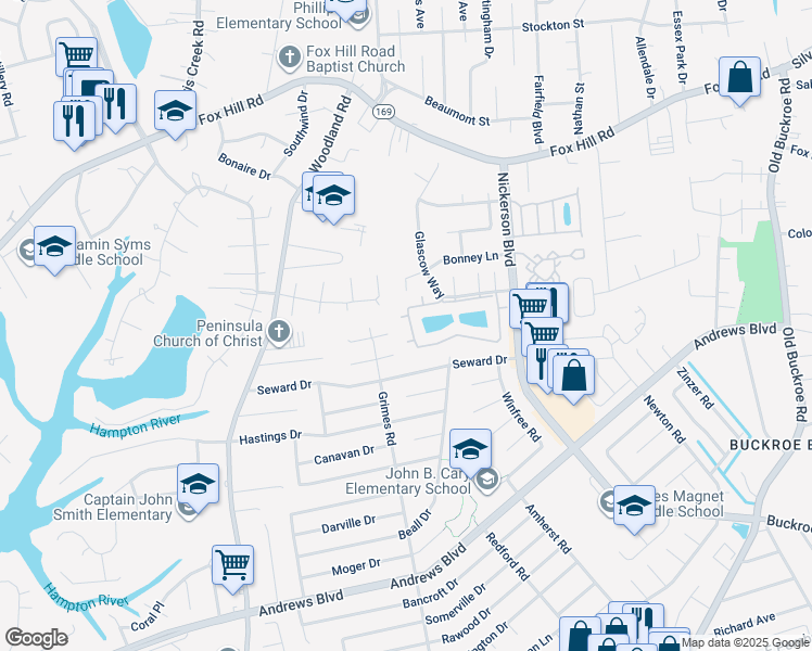 map of restaurants, bars, coffee shops, grocery stores, and more near 211 Loch Circle in Hampton