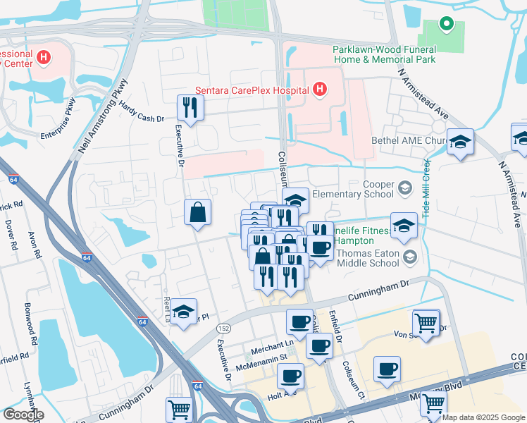 map of restaurants, bars, coffee shops, grocery stores, and more near 606 Wyndham Drive in Hampton
