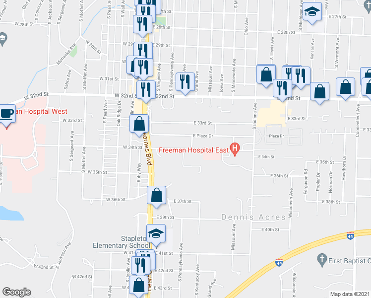 map of restaurants, bars, coffee shops, grocery stores, and more near 319 E 34th St in Joplin