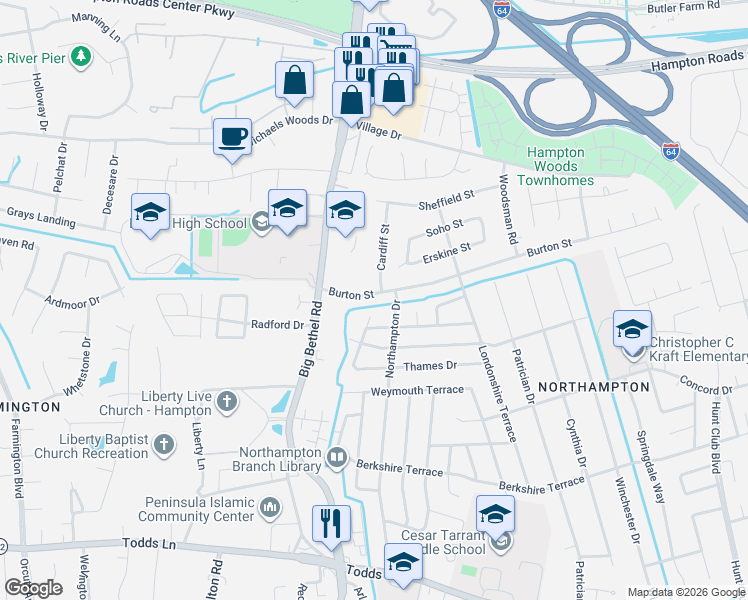 map of restaurants, bars, coffee shops, grocery stores, and more near 829 Burton Street in Hampton