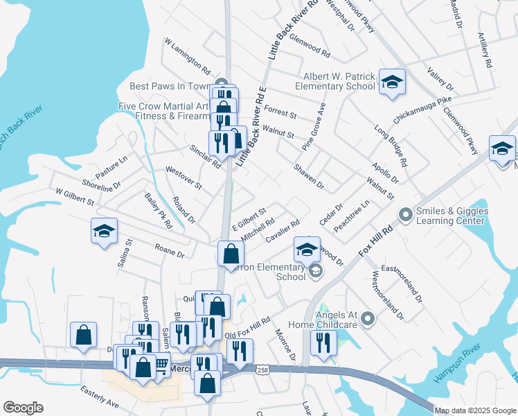 map of restaurants, bars, coffee shops, grocery stores, and more near 21 E Gilbert St in Hampton
