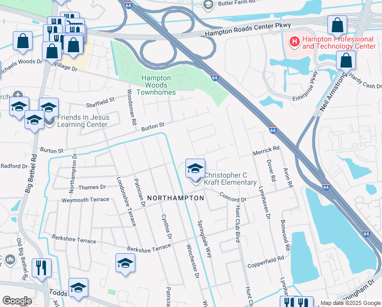 map of restaurants, bars, coffee shops, grocery stores, and more near 523 Dafia Drive in Hampton